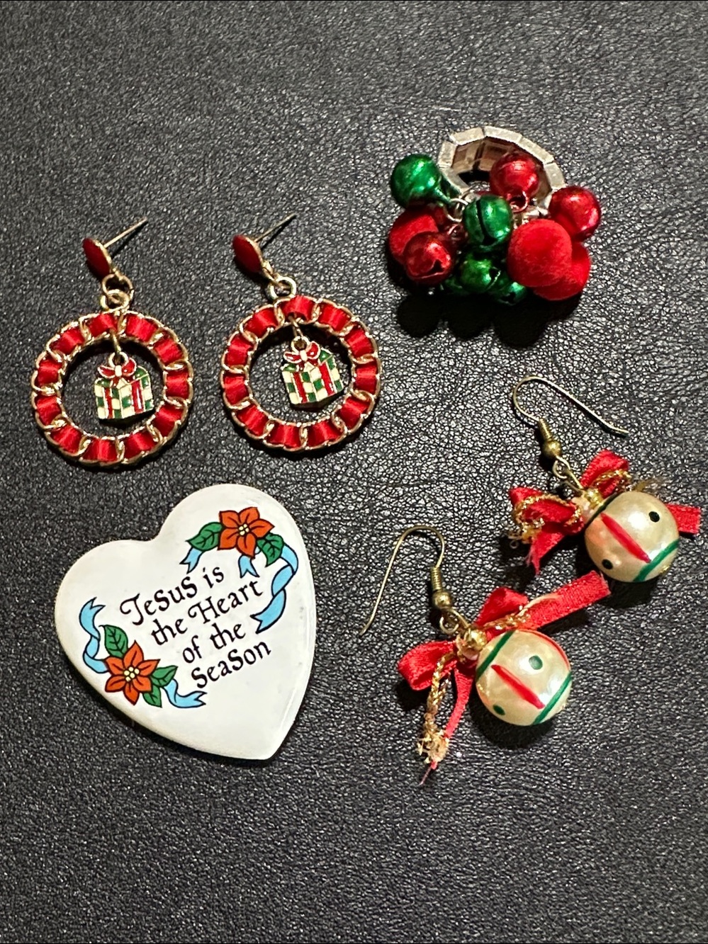 117.  Christmas Theme Earrings, Lapel Tack, Adjustable Bell Ring Set